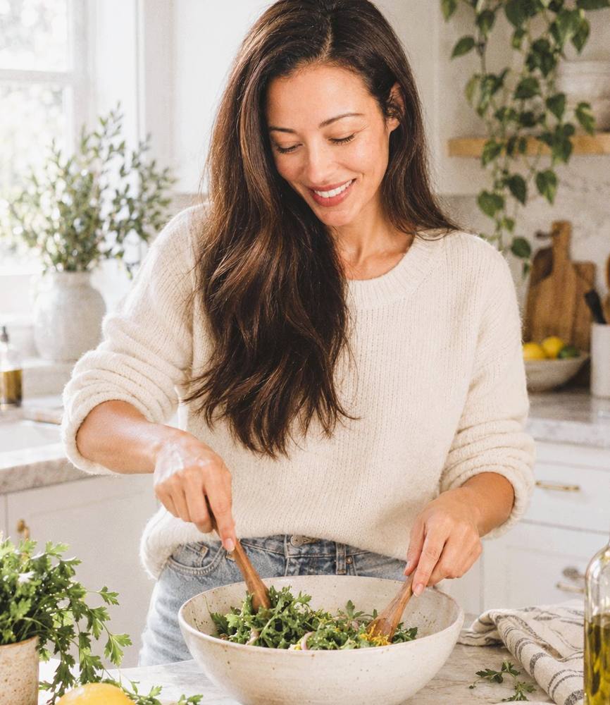 Karla smiling as she tosses a fresh green salad in a bright kitchen