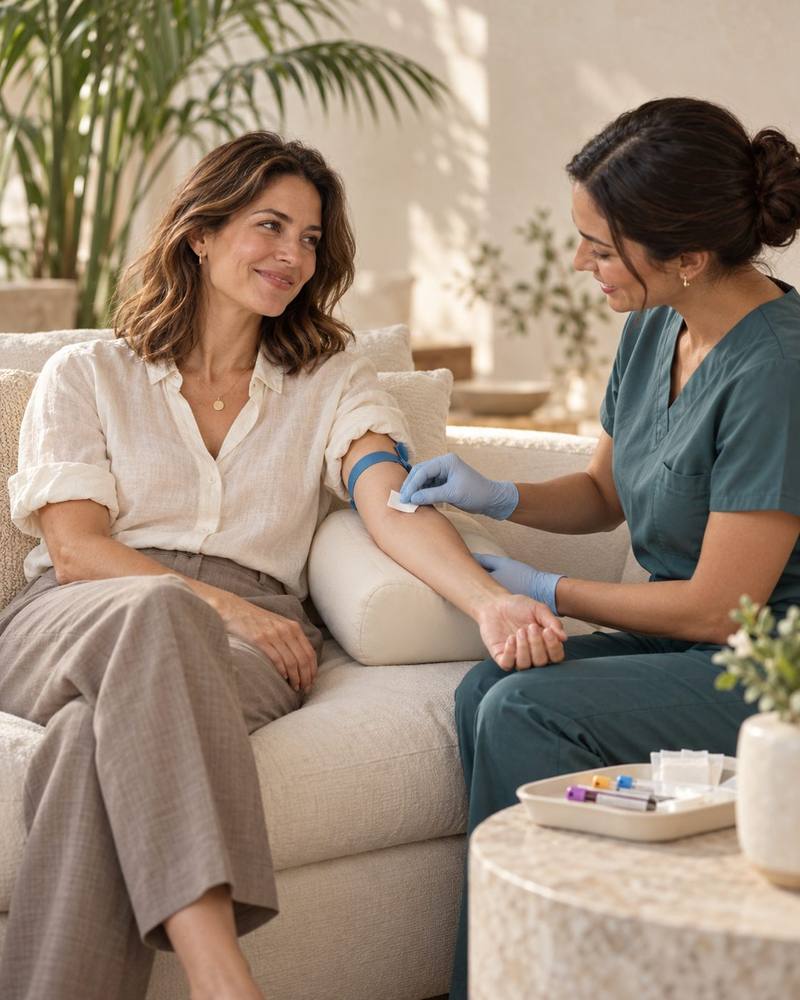 A client relaxing on a sofa while a phlebotomist prepares her arm for a blood draw