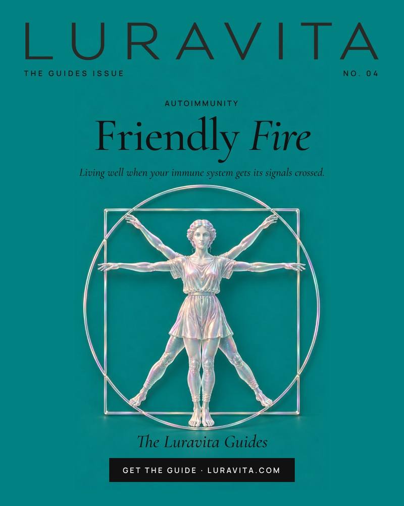 Friendly Fire guide cover: an iridescent Vitruvian-style figure of a woman on a teal background