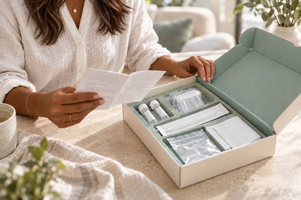 A woman at home reading the instructions for an at-home lab kit